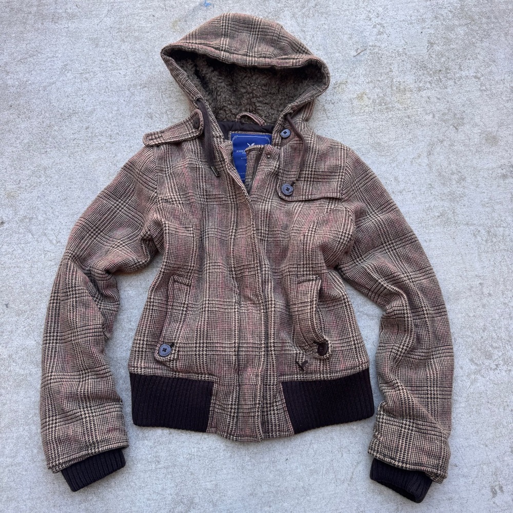 y2k American Eagle Plaid Bomber Jacket Brown Sherpa Hooded Quilte Medium